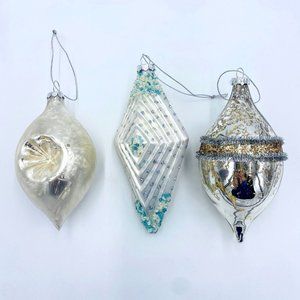 Handblown Christmas Ornaments Set of 3 Silver/Gold/Blue Decorative Hanging Decor